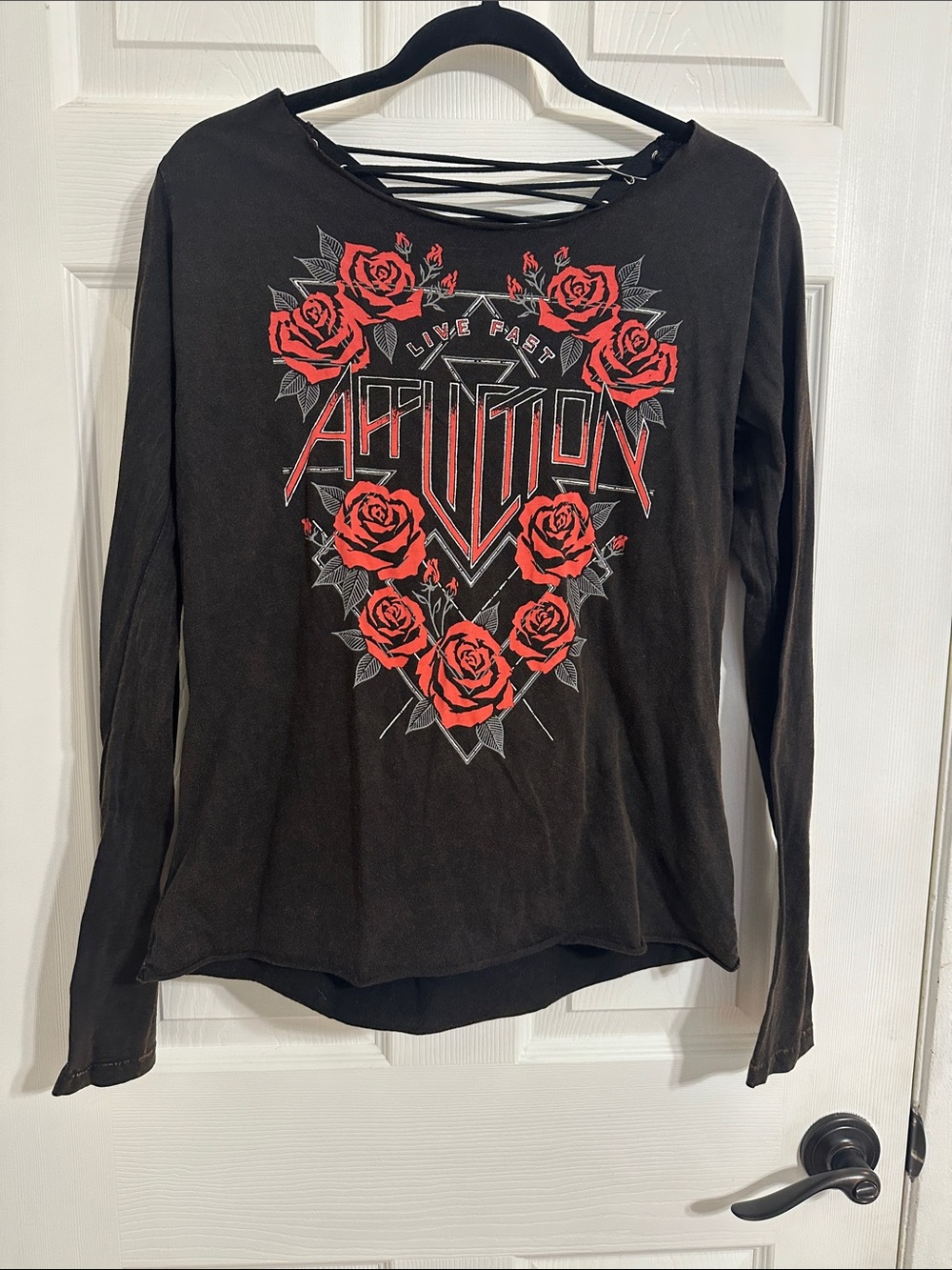 Vintage Y2K-era women's long-sleeve graphic top from Affliction Clothing.